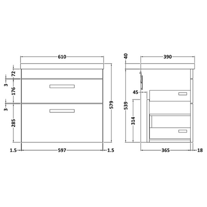 Nuie Athena 600mm Wall Hung 2 Drawer Vanity With Mid-Edge 1 Tap Hole Basin (1 size, 3 colours) - Brand New Bathrooms