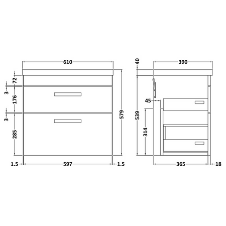 Nuie Athena 600mm Wall Hung 2 Drawer Vanity With Mid-Edge 1 Tap Hole Basin (1 size, 3 colours) - Brand New Bathrooms