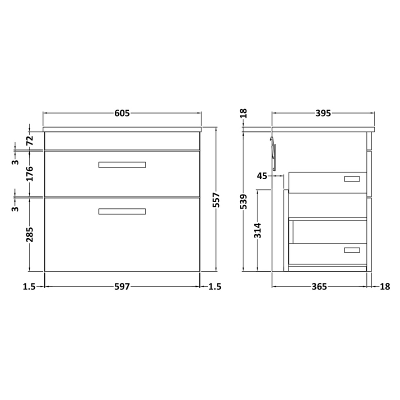 Nuie Athena 600mm Wall Hung 2 Drawer Vanity With Minimalist 1 Tap Hole Basin (1 size, 3 colours) - Brand New Bathrooms