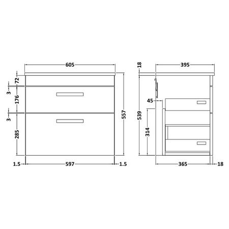 Nuie Athena 600mm Wall Hung 2 Drawer Vanity With Minimalist 1 Tap Hole Basin (1 size, 3 colours) - Brand New Bathrooms