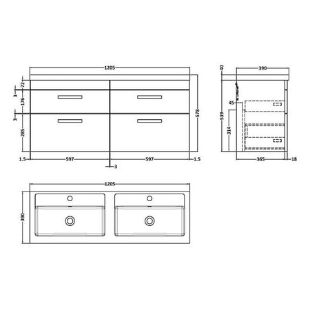 Nuie Athena Wall Hung 4 Drawer Vanity With Twin Basin (1 size, 2 colours) - Brand New Bathrooms