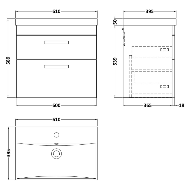 Nuie Athena 600mm Wall Hung 2 Drawer Vanity With Thin-Edge 1 Tap Hole Basin (1 size, 3 colours) - Brand New Bathrooms
