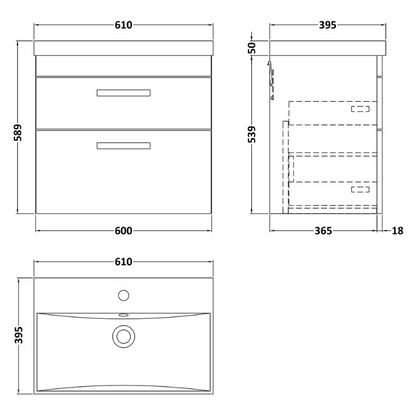 Nuie Athena 600mm Wall Hung 2 Drawer Vanity With Thin-Edge 1 Tap Hole Basin (1 size, 3 colours) - Brand New Bathrooms