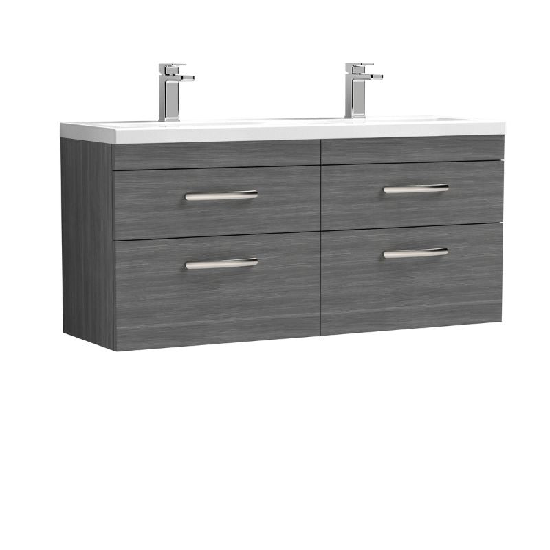 Nuie Athena Wall Hung 4 Drawer Vanity With Twin Basin (1 size, Anthracite Woodgrain) - Brand New Bathrooms