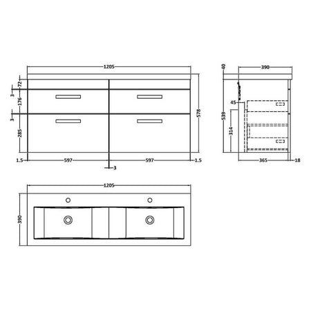 Nuie Athena Wall Hung 4 Drawer Vanity With Twin Basin (1 size, Anthracite Woodgrain) - Brand New Bathrooms