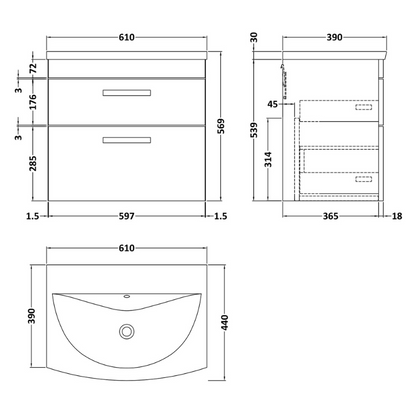 Nuie Athena 600mm Wall Hung 2 Drawer Vanity With Curved 1 Tap Hole Basin (1 size, 3 colours) - Brand New Bathrooms