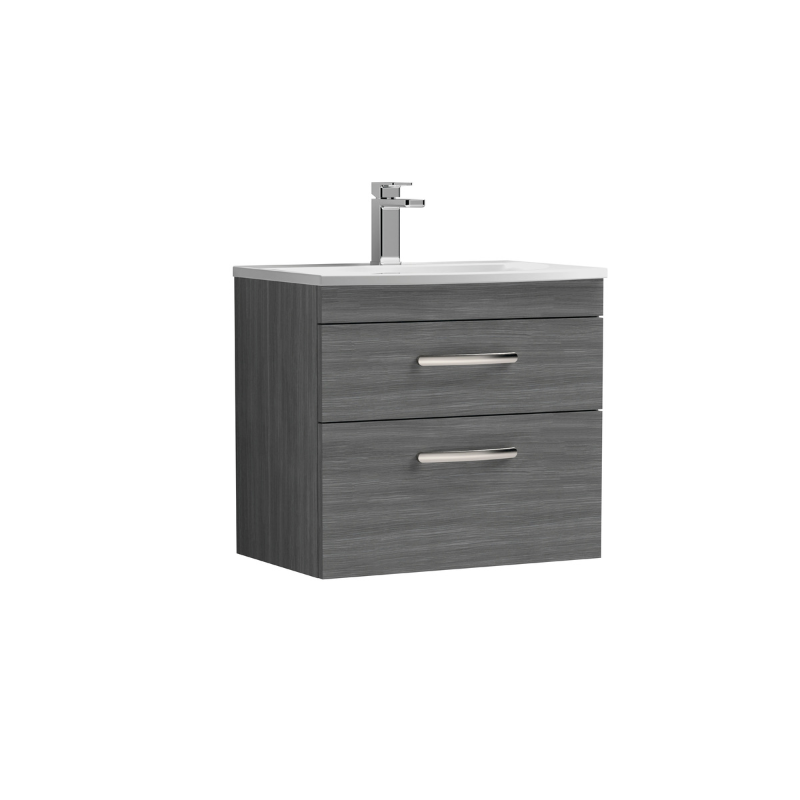Nuie Athena 600mm Wall Hung 2 Drawer Vanity With Curved 1 Tap Hole Basin (1 size, 3 colours) - Brand New Bathrooms