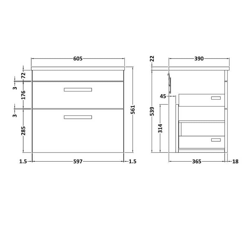 Nuie Athena Wall Hung 2 Drawer Vanity With Grey Worktop (1 size,2 colours) - Brand New Bathrooms