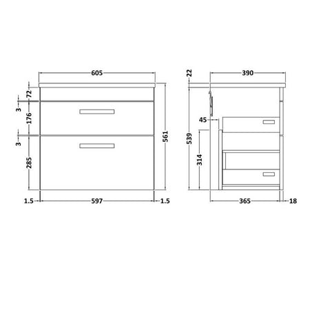 Nuie Athena Wall Hung 2 Drawer Vanity With Grey Worktop (1 size,2 colours) - Brand New Bathrooms