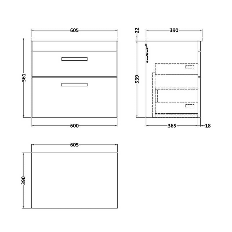 Nuie Athena Wall Hung 2-Drawer Unit & Laminate Worktop (1 size, 2 colours) - Brand New Bathrooms