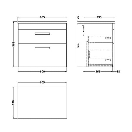Nuie Athena Wall Hung 2-Drawer Unit & Laminate Worktop (1 size, 2 colours) - Brand New Bathrooms