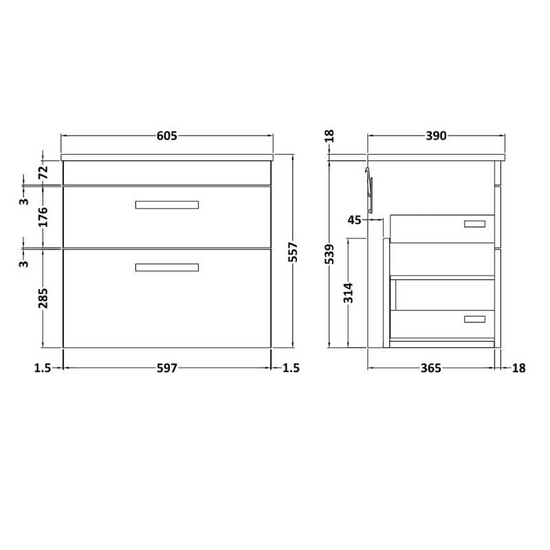 Nuie Athena Wall Hung 2 Drawer Vanity With Worktop (1 size, 2 colours) - Brand New Bathrooms