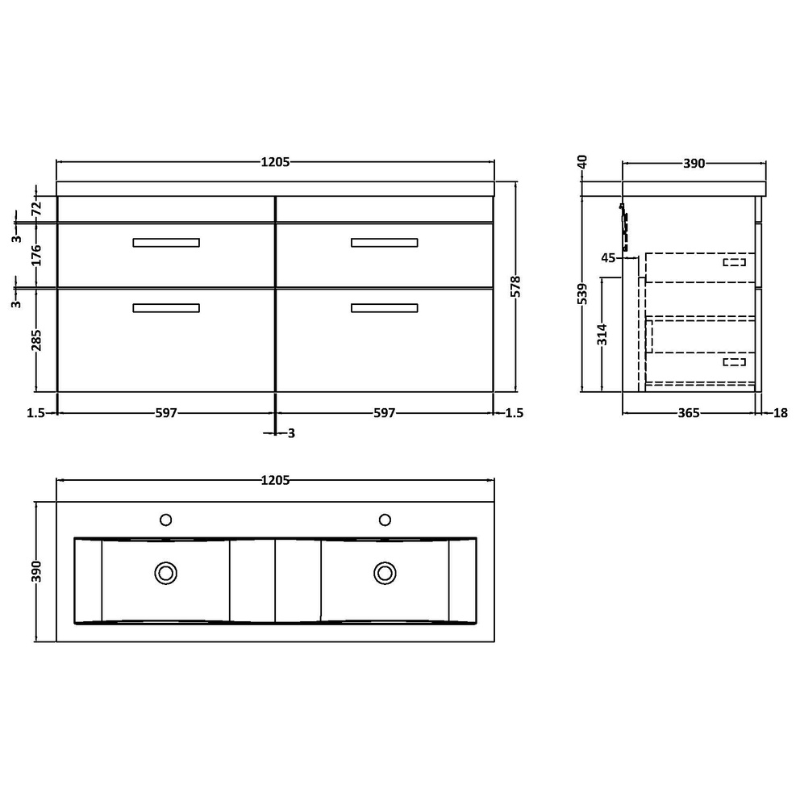 Nuie Athena 1200mm Wall Hung 4 Drawer Vanity With Twin Basin (1 size, Charcoal Black) - Brand New Bathrooms