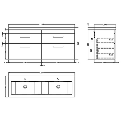 Nuie Athena 1200mm Wall Hung 4 Drawer Vanity With Twin Basin (1 size, Charcoal Black) - Brand New Bathrooms