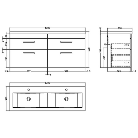 Nuie Athena 1200mm Wall Hung 4 Drawer Vanity With Twin Basin (1 size, Charcoal Black) - Brand New Bathrooms