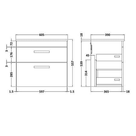 Nuie Athena Wall Hung 2 Drawer Vanity With Worktop (1 size, Gloss Grey) - Brand New Bathrooms