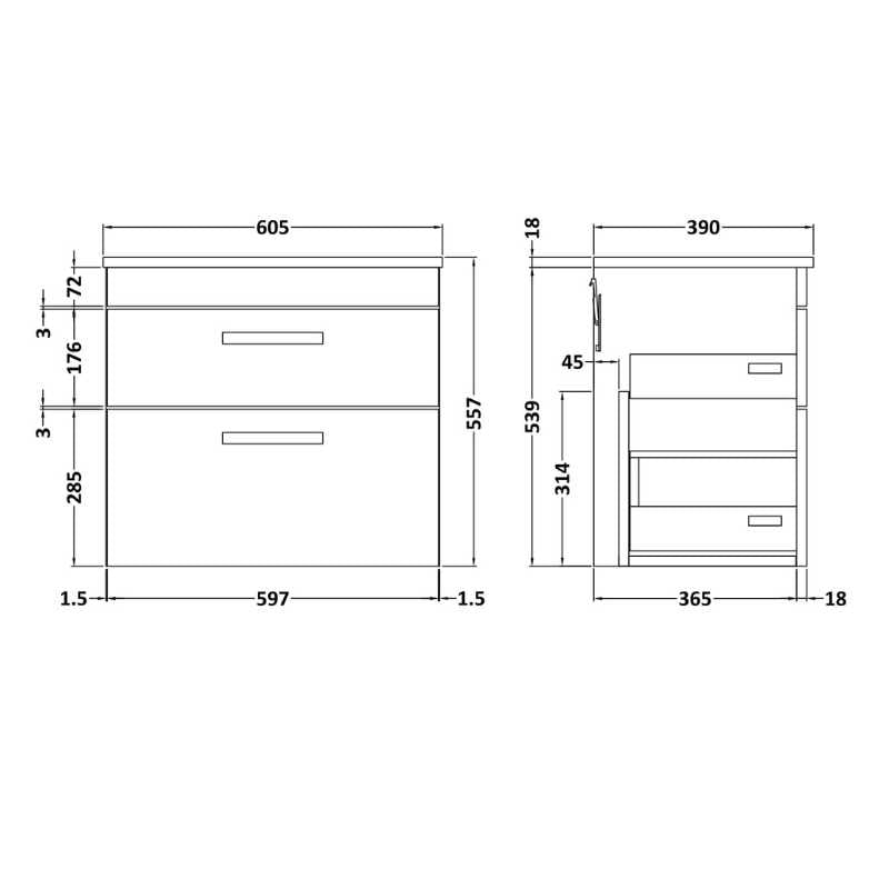 Nuie Athena Wall Hung 2 Drawer Vanity With Worktop (1 size, Gloss Grey) - Brand New Bathrooms