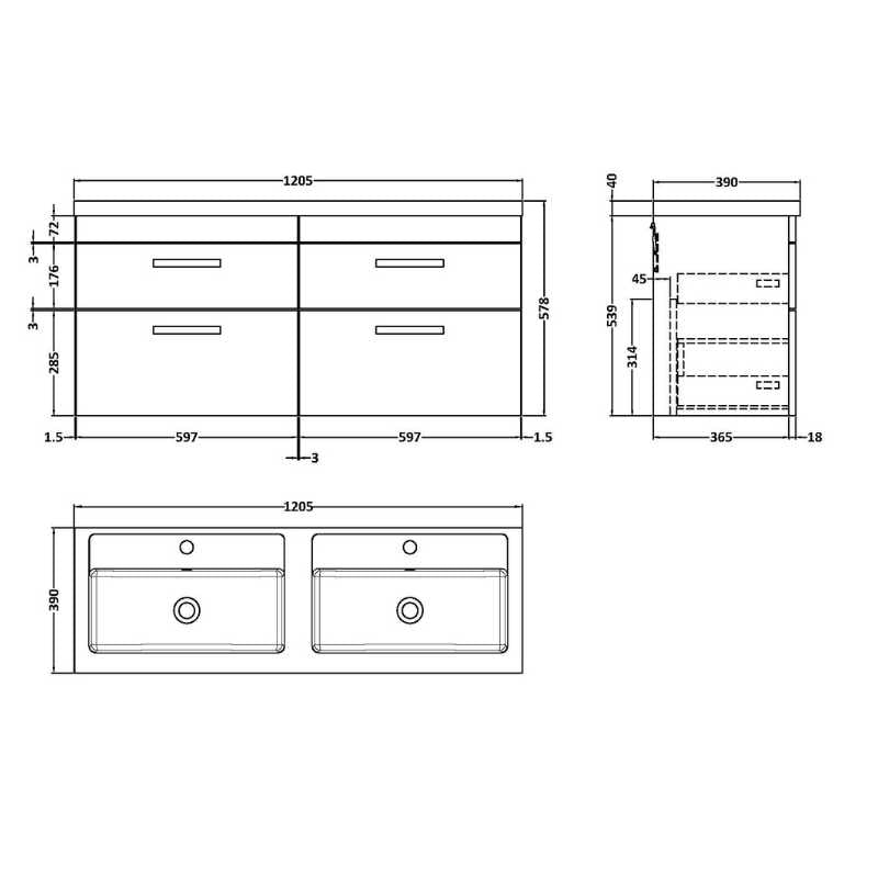 Nuie Athena Wall Hung Cabinet With Double Basin (1 size, Gloss White) - Brand New Bathrooms