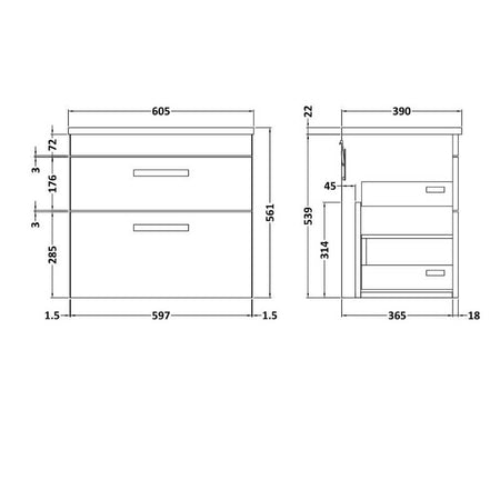 Nuie Athena Wall Hung 2 Drawer Vanity With Grey Worktop (1 size, Gloss White) - Brand New Bathrooms