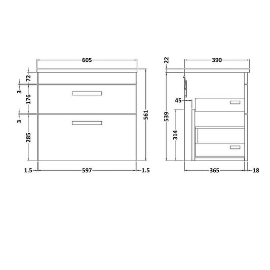 Nuie Athena Wall Hung 2 Drawer Vanity With Grey Worktop (1 size, Gloss White) - Brand New Bathrooms