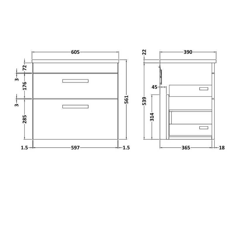 Nuie Athena Wall Hung 2 Drawer Vanity With Grey Worktop (1 size, Gloss White) - Brand New Bathrooms