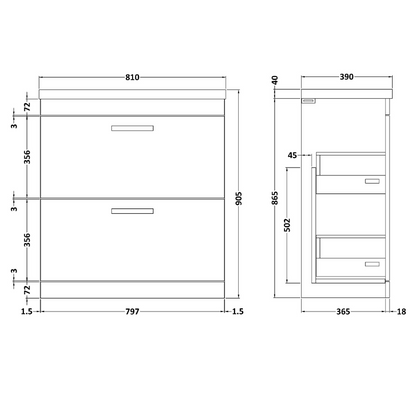 Nuie Athena 800mm Floor Standing 2 Drawer Vanity With Mid-Edge 1 Tap Hole Basin (1 size, 3 colours) - Brand New Bathrooms