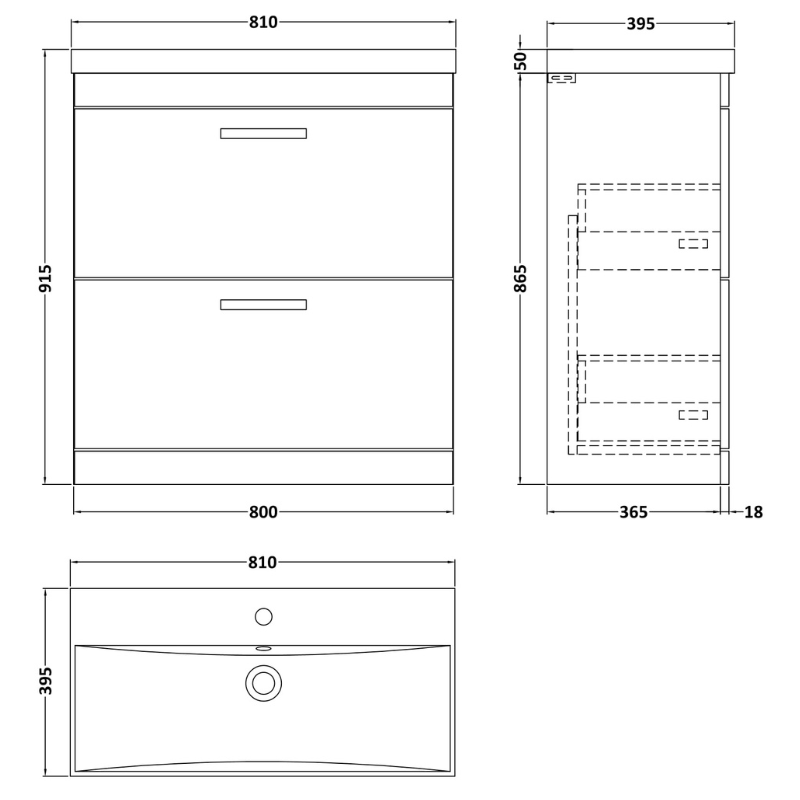 Nuie Athena 800mm Floor Standing 2 Drawer Vanity With Thin-Edge 1 Tap Hole Basin (1 size, 3 colours) - Brand New Bathrooms