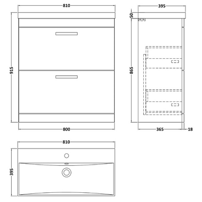 Nuie Athena 800mm Floor Standing 2 Drawer Vanity With Thin-Edge 1 Tap Hole Basin (1 size, 3 colours) - Brand New Bathrooms