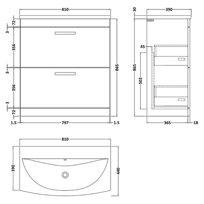 Nuie Athena 800mm Floor Standing 2 Drawer Vanity With Curved 1 Tap Hole Basin (1 size, 3 colours) - Brand New Bathrooms