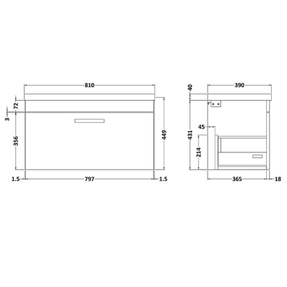 Nuie Athena 800mm Wall Hung Single Drawer Vanity With Mid-Edge 1 Tap Hole Basin (1 size, 3 colours) - Brand New Bathrooms