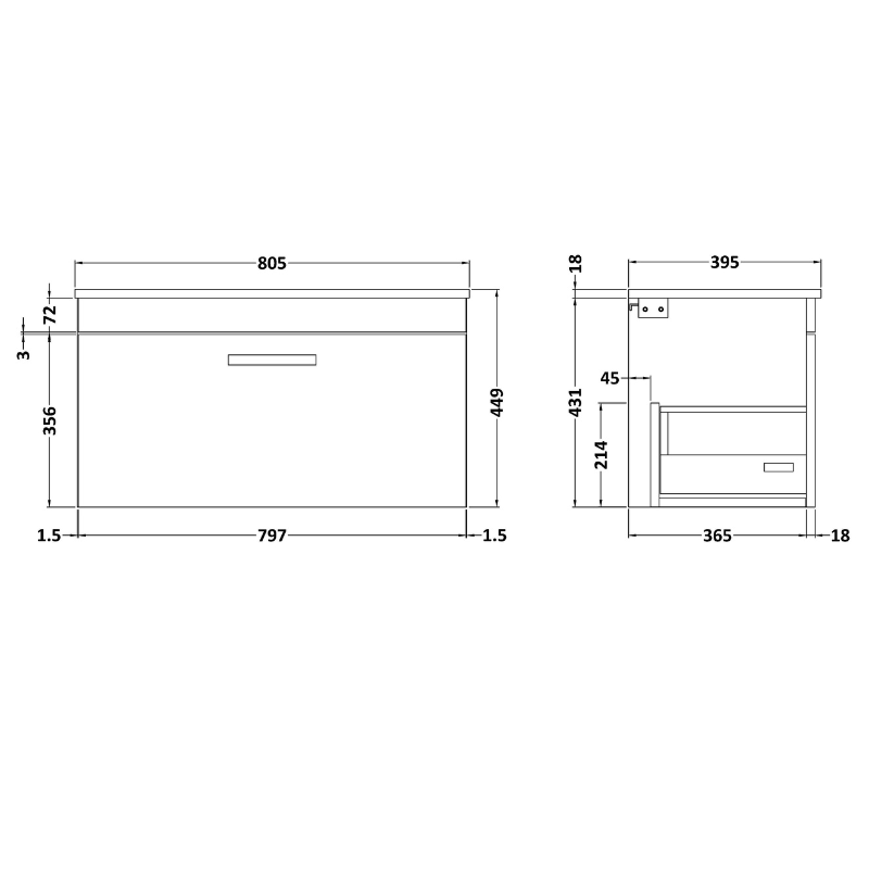 Nuie Athena 800mm Wall Hung Single Drawer Vanity With Minimalist 1 Tap Hole Basin (1 size, 3 colours) - Brand New Bathrooms