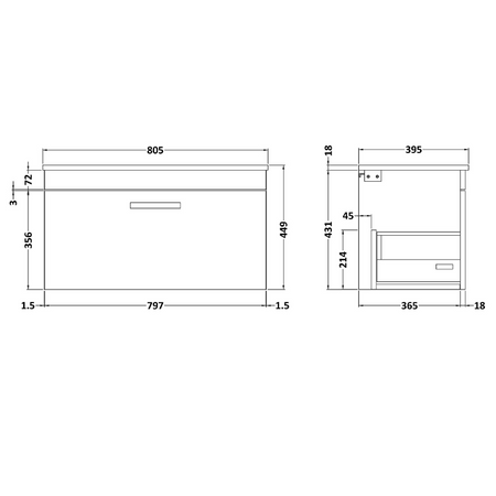 Nuie Athena 800mm Wall Hung Single Drawer Vanity With Minimalist 1 Tap Hole Basin (1 size, 3 colours) - Brand New Bathrooms