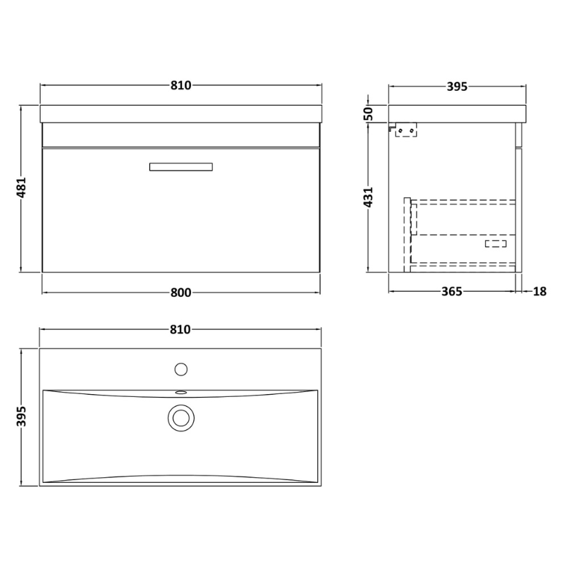 Nuie Athena 800mm Wall Hung Single Drawer Vanity With Thin-Edge 1 Tap Hole Basin (1 size, 3 colours) - Brand New Bathrooms