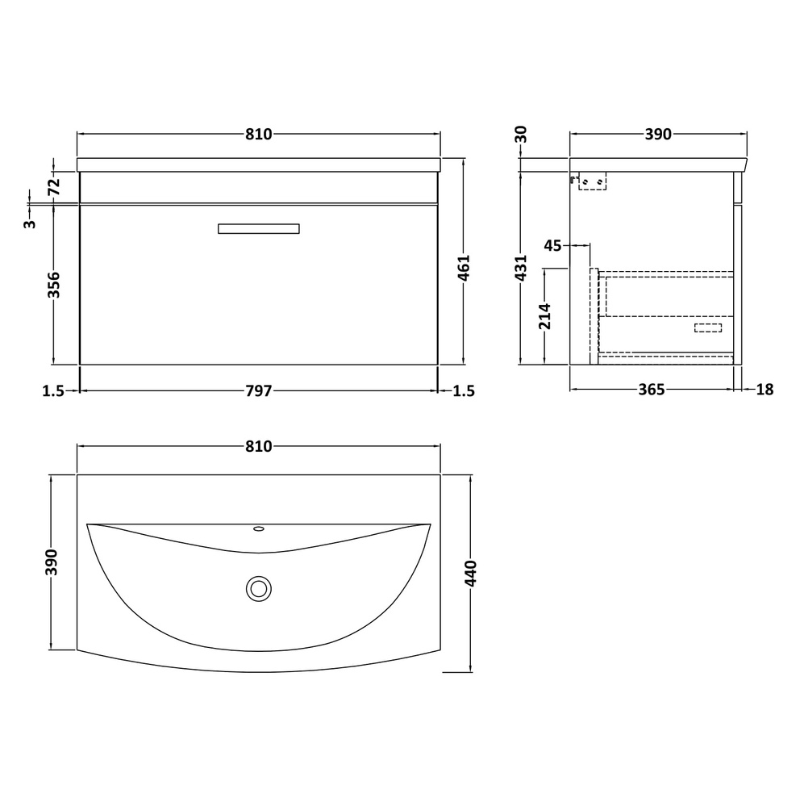 Nuie Athena 800mm Wall Hung Single Drawer Vanity With Curved 1 Tap Hole Basin (1 size, 3 colours) - Brand New Bathrooms