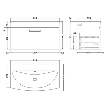 Nuie Athena 800mm Wall Hung Single Drawer Vanity With Curved 1 Tap Hole Basin (1 size, 3 colours) - Brand New Bathrooms