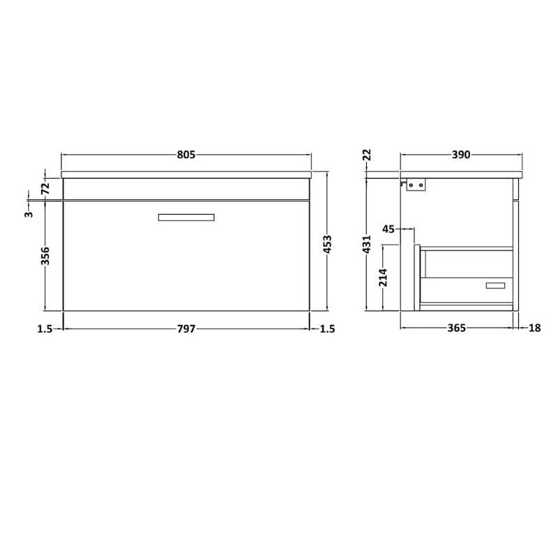 Nuie Athena Wall Hung Single Drawer Vanity With Grey Worktop (1 size, 2 colours) - Brand New Bathrooms