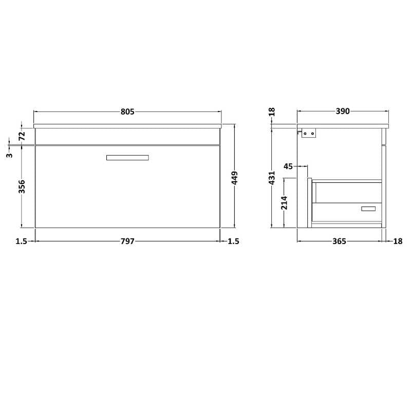Nuie Athena Wall Hung Single Drawer Vanity With Worktop (1 size, 2 colours) - Brand New Bathrooms