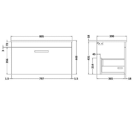 Nuie Athena Wall Hung Single Drawer Vanity With Worktop (1 size, 2 colours) - Brand New Bathrooms