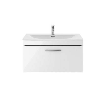 Nuie Athena 800mm Wall Hung Single Drawer Vanity With Curved 1 Tap Hole Basin (1 size, 3 colours) - Brand New Bathrooms