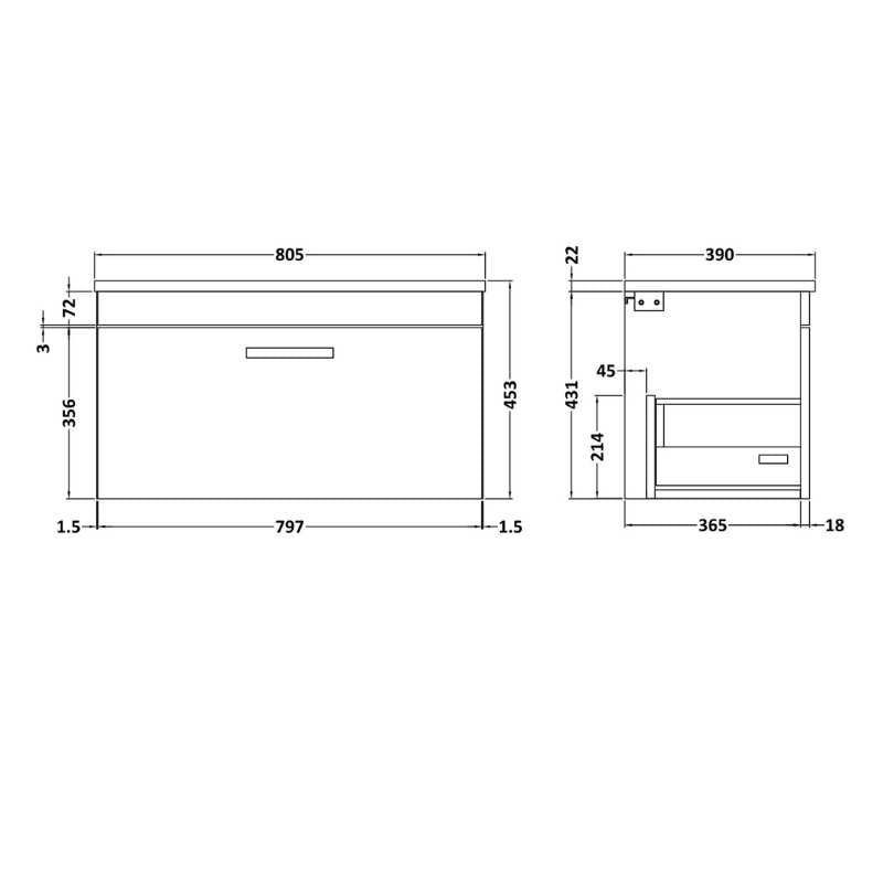 Nuie Athena Wall Hung Single Drawer Vanity With Grey Worktop (1 size, Gloss White) - Brand New Bathrooms