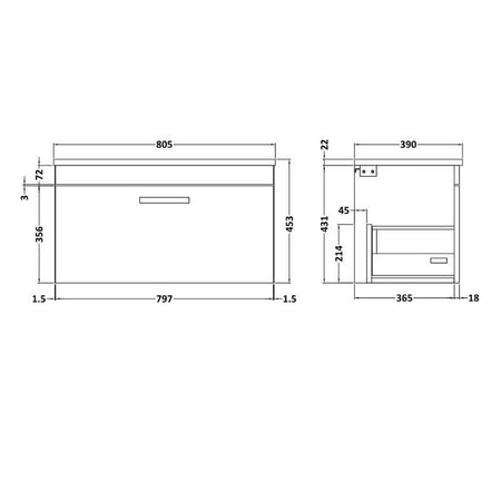 Nuie Athena Wall Hung Single Drawer Vanity With Grey Worktop (1 size, Gloss White) - Brand New Bathrooms