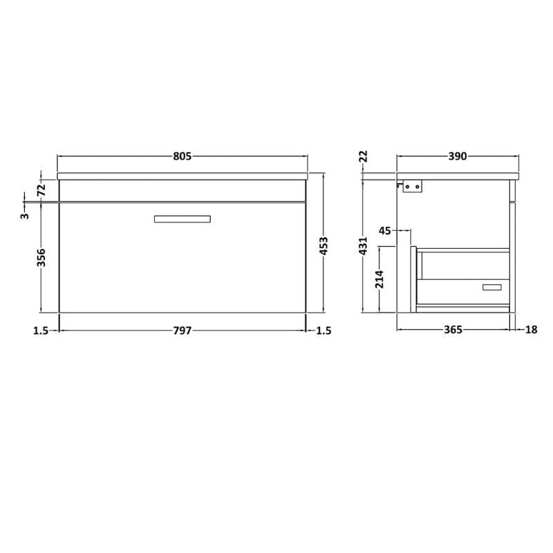 Nuie Athena Wall Hung Single Drawer Vanity With Worktop (2 sizes, Gloss White) - Brand New Bathrooms
