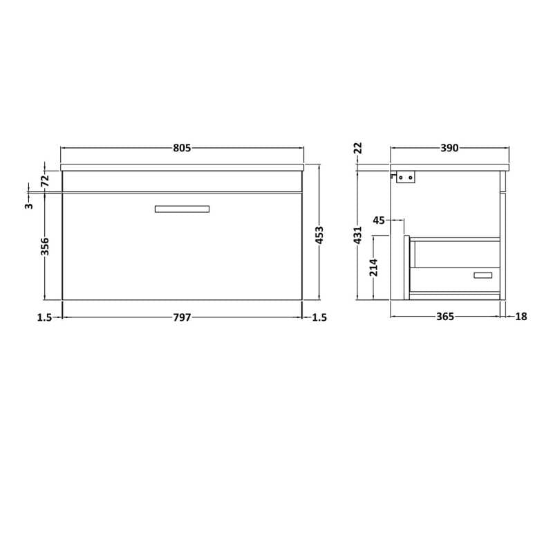 Nuie Athena Wall Hung Single Drawer Vanity With Worktop (2 sizes, Gloss White) - Brand New Bathrooms