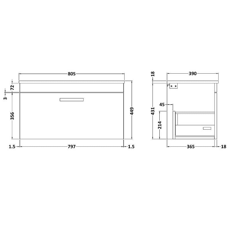 Nuie Athena Wall Hung Single Drawer Vanity With Worktop (2 sizes, Gloss White) - Brand New Bathrooms