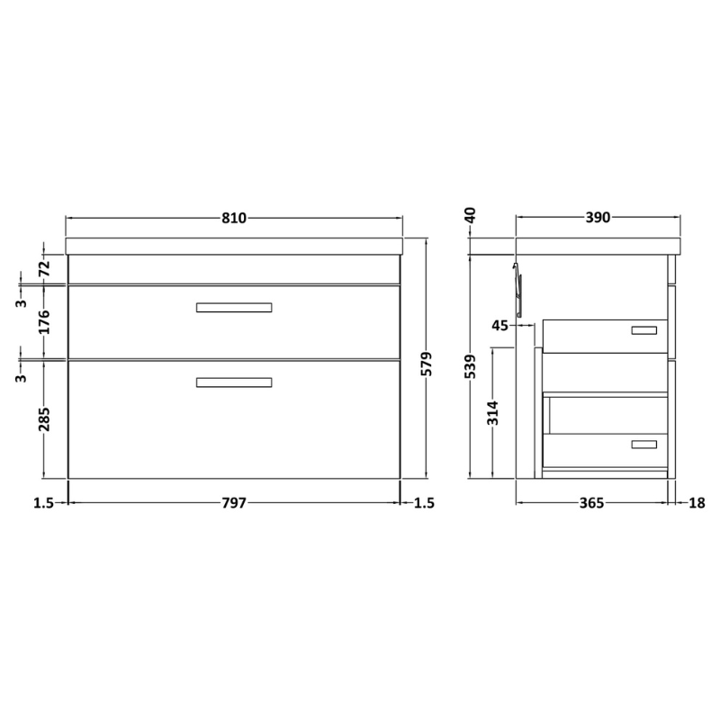 Nuie Athena 800mm Wall Hung 2 Drawer Vanity With Mid-Edge 1 Tap Hole Basin (1 size, 3 colours) - Brand New Bathrooms
