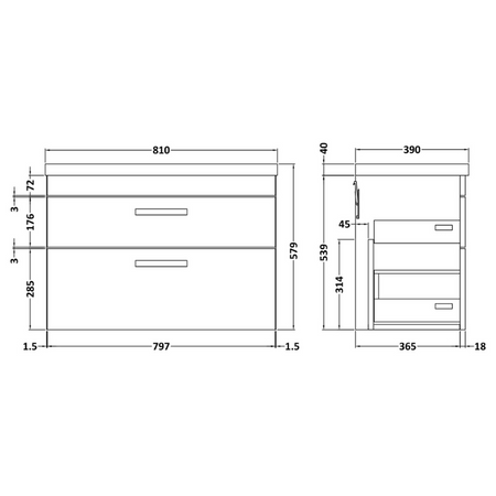 Nuie Athena 800mm Wall Hung 2 Drawer Vanity With Mid-Edge 1 Tap Hole Basin (1 size, 3 colours) - Brand New Bathrooms