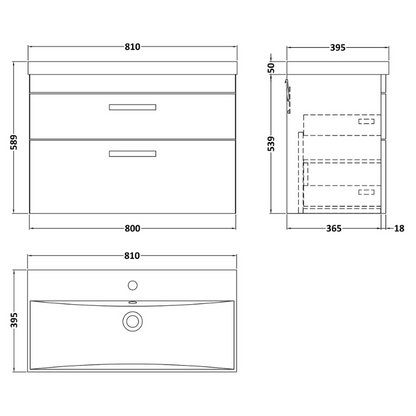 Nuie Athena 800mm Wall Hung 2 Drawer Vanity With Thin-Edge 1 Tap Hole Basin (1 size, 3 colours) - Brand New Bathrooms
