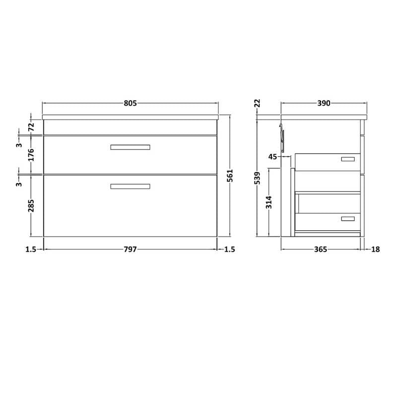 Nuie Athena Wall Hung 2 Drawer Vanity With Grey Worktop (1 size, 2 colours) - Brand New Bathrooms