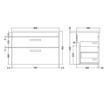 Nuie Athena Wall Hung 2 Drawer Vanity With Grey Worktop (1 size, 2 colours) - Brand New Bathrooms