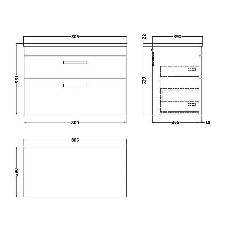 Nuie Athena Wall Hung 2-Drawer Unit & Laminate Worktop (1 size, 2 colours) - Brand New Bathrooms